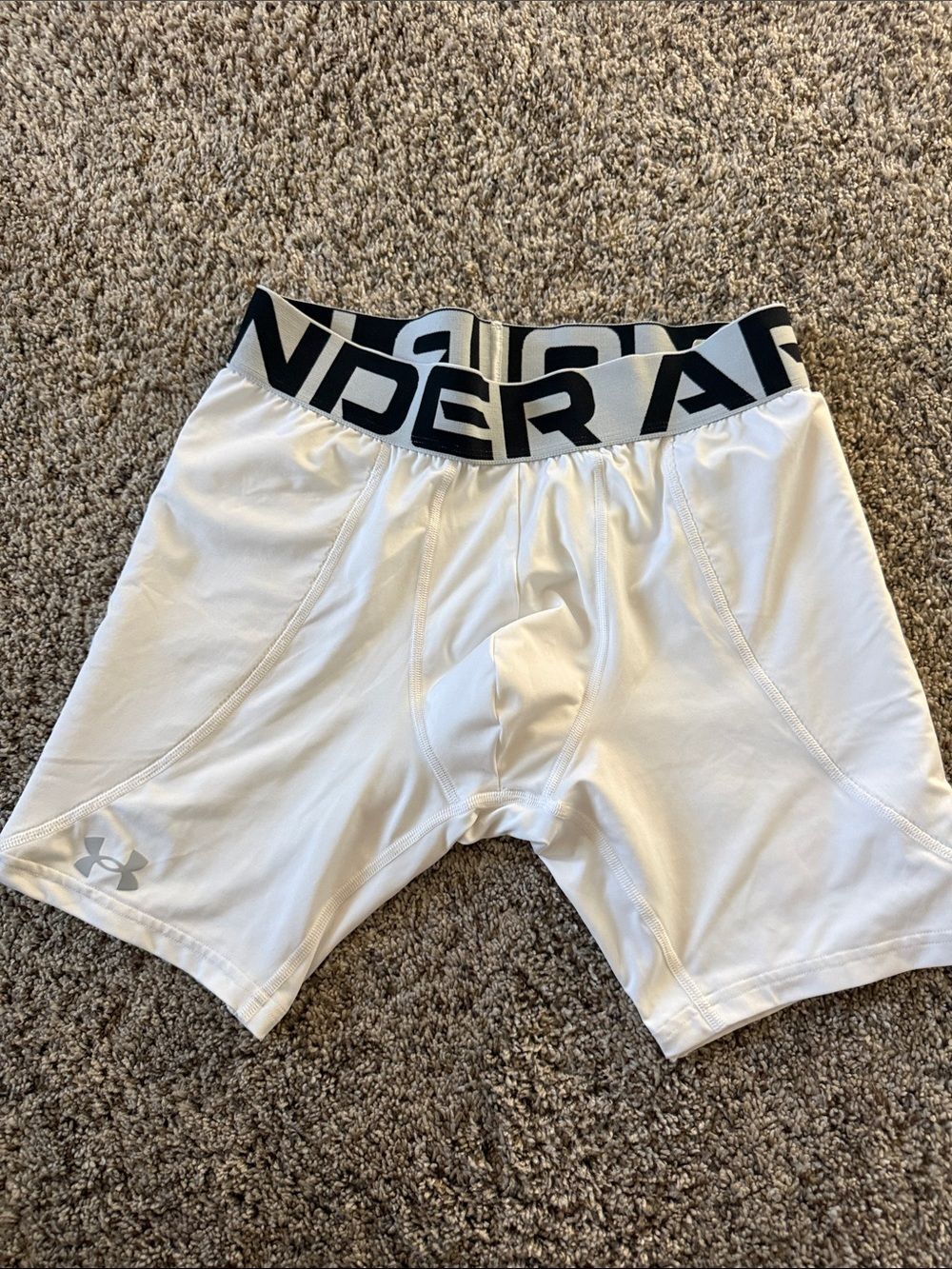 Under Armour White sliding shorts with Black Logo Waistband